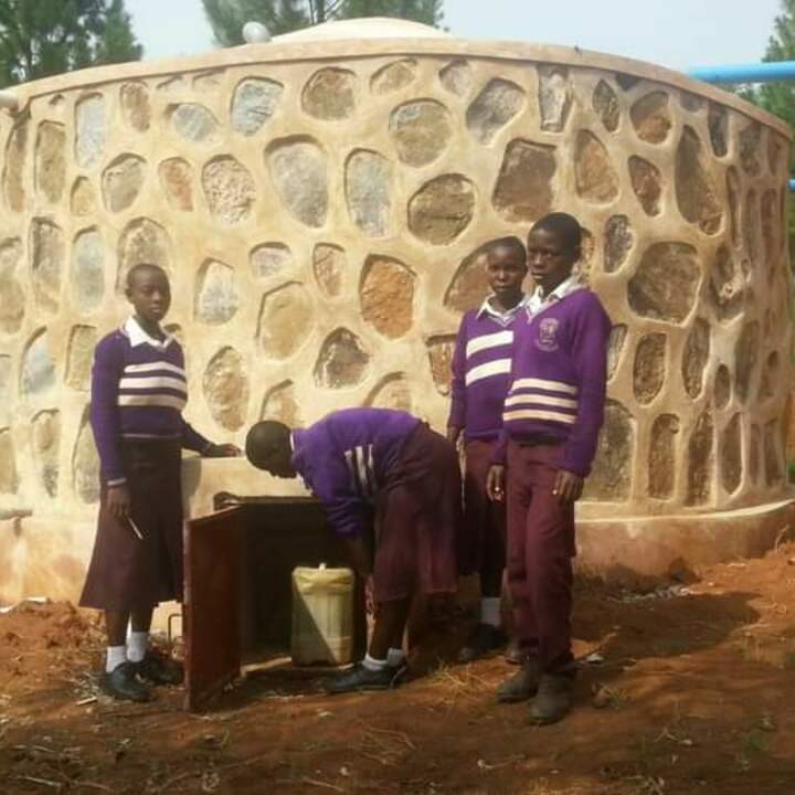 Completed rain water harvesting tank at Nyakahanga Secondary School.